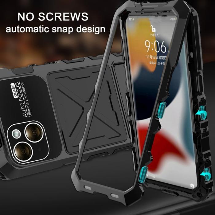 R-JUST - R-JUST iPhone 15 Skal Silikon+Metall med Härdat Glas - Svart