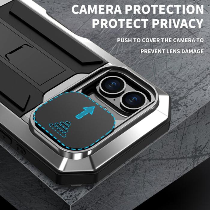 R-JUST - R-JUST iPhone 16 Kickstand Skal Silicone+Metal+PC Silver