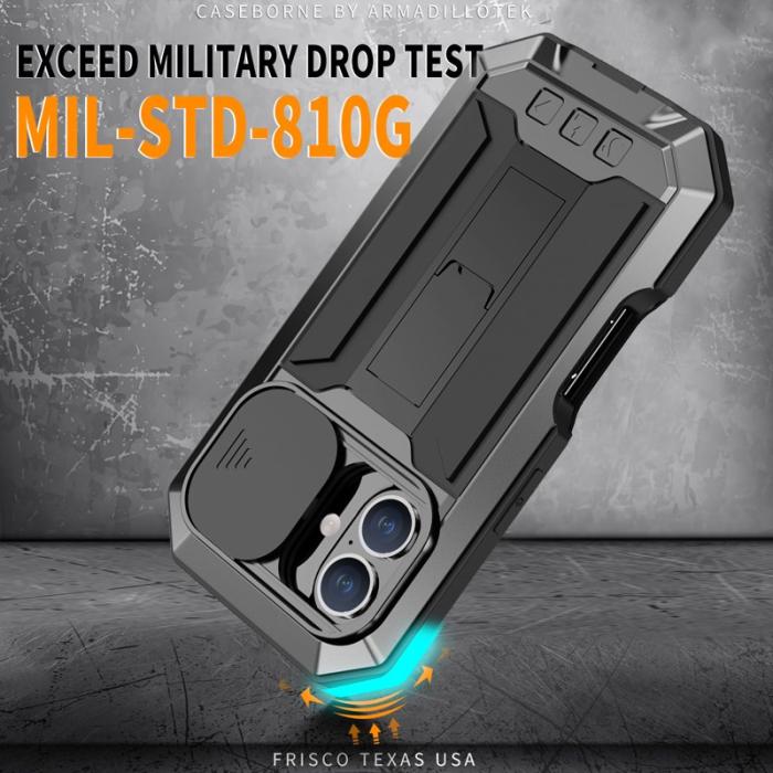 R-JUST - R-JUST iPhone 16 Kickstand Skal Silicone+Metal+PC Tempered Glass - Svart