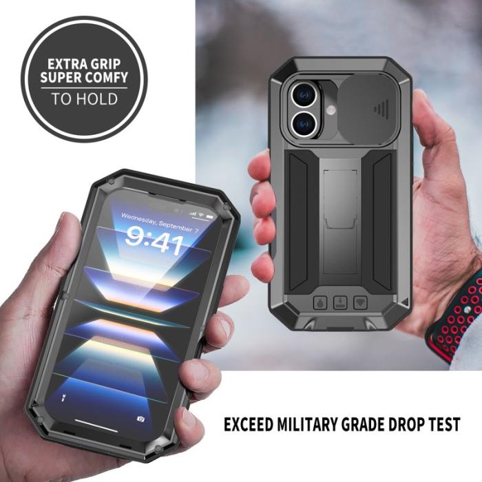 R-JUST - R-JUST iPhone 16 Kickstand Skal Silicone+Metal+PC Tempered Glass - Svart