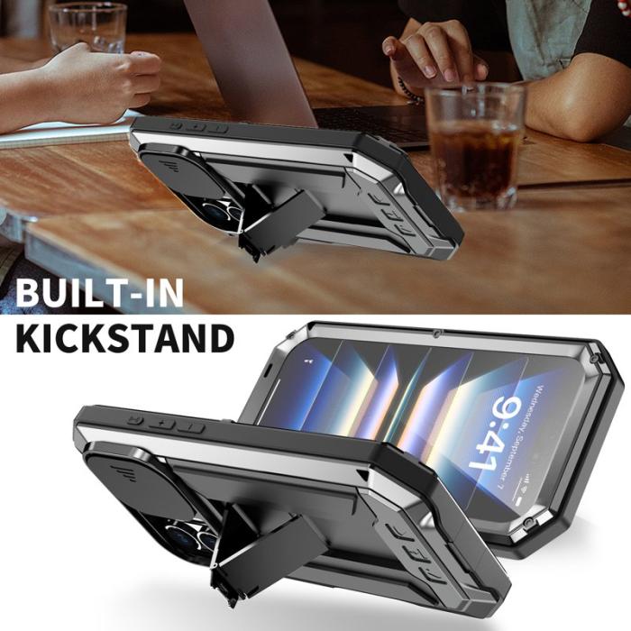 R-JUST - R-JUST iPhone 16 Kickstand Skal Silicone+Metal+PC Tempered Glass - Svart