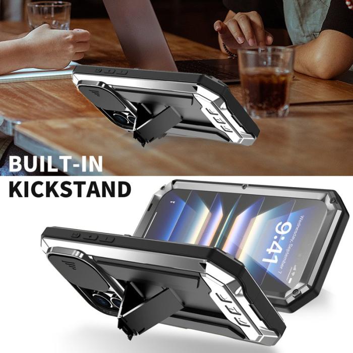 R-JUST - R-JUST iPhone 16 Plus Kickstand Skal Silikon+Metal+PC Silver