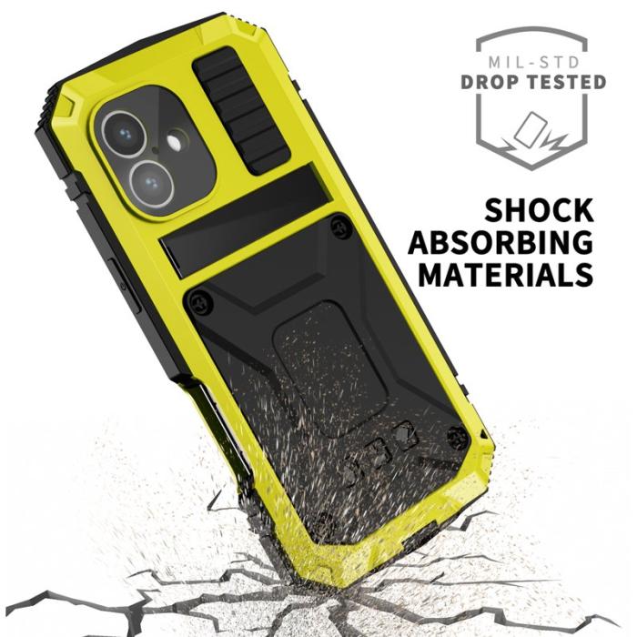 R-JUST - R-JUST iPhone 16 Plus Skal PC+Silicone+Metal Kickstand Gul