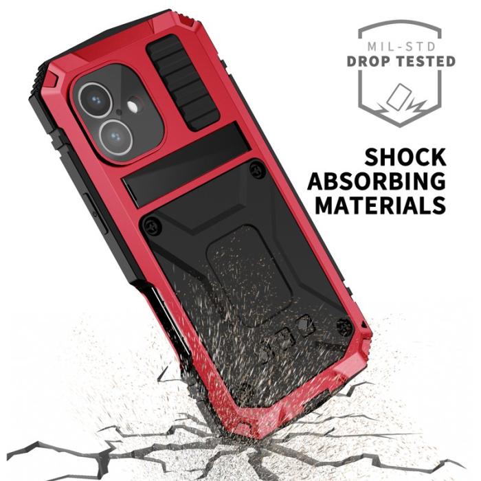 R-JUST - R-JUST iPhone 16 Plus Skal PC+Silicone+Metal Kickstand Röd