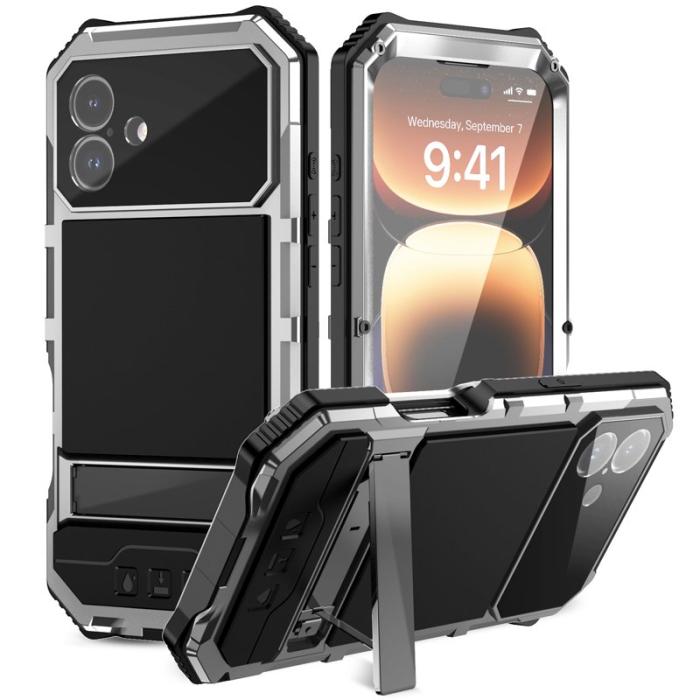 R-JUST - R-JUST iPhone 16 Plus Skal PC+Silicone+Metal Ställ Silver