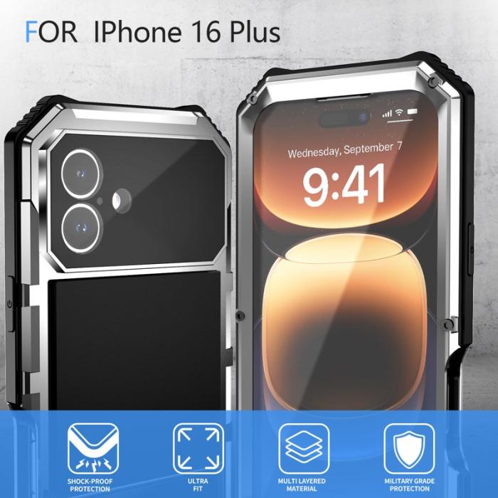 R-JUST - R-JUST iPhone 16 Plus Skal PC+Silicone+Metal Ställ Silver