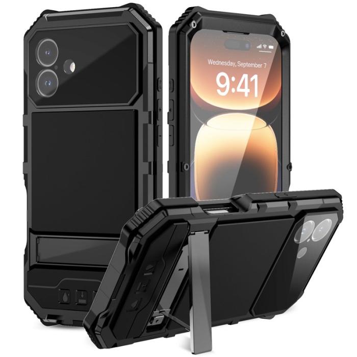 R-JUST - R-JUST iPhone 16 Plus Skal PC+Silicone+Metal Ställ - Svart