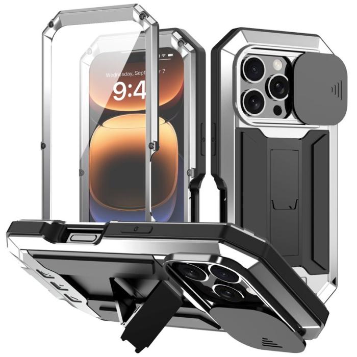 R-JUST - R-JUST iPhone 16 Pro Kickstand Skal Silicone+Metal+PC Silver