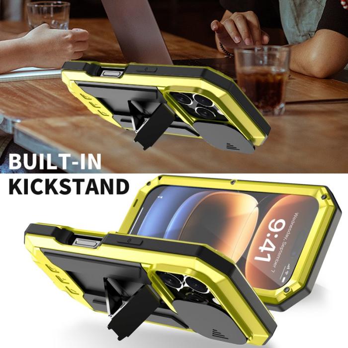 R-JUST - R-JUST iPhone 16 Pro Kickstand Skal Silikon+Metal+PC Gul