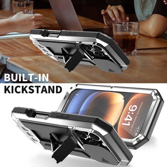 R-JUST - R-JUST iPhone 16 Pro Max Kickstand Skal Silicone Metall PC Silver