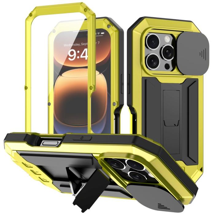 R-JUST - R-JUST iPhone 16 Pro Max Kickstand Skal Silikon+Metal+PC Gul