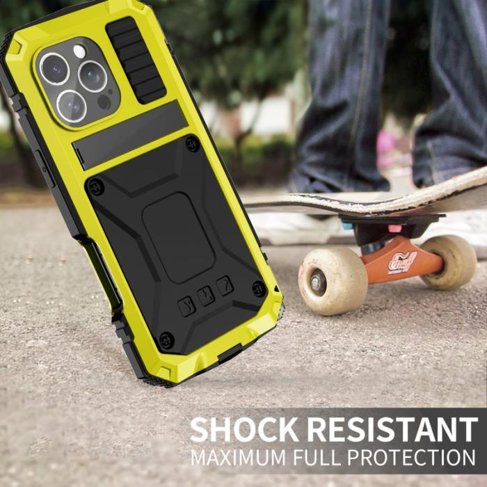 R-JUST - R-JUST iPhone 16 Pro Max Skal PC+Silicone+Metal Kickstand Gul