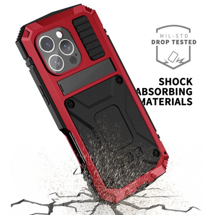 R-JUST - R-JUST iPhone 16 Pro Max Skal PC+Silicone+Metal Kickstand Röd