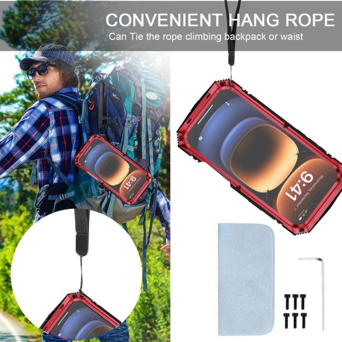 R-JUST - R-JUST iPhone 16 Pro Skal PC+Silicone+Metal Ställ - Röd