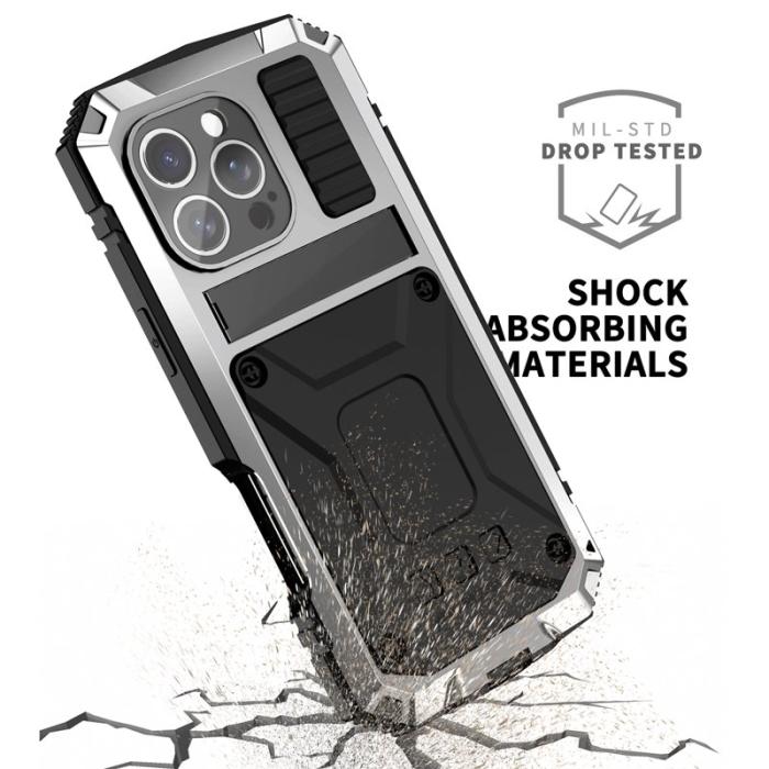 R-JUST - R-JUST iPhone 16 Pro Skal PC+Silicone+Metal Ställ Silver