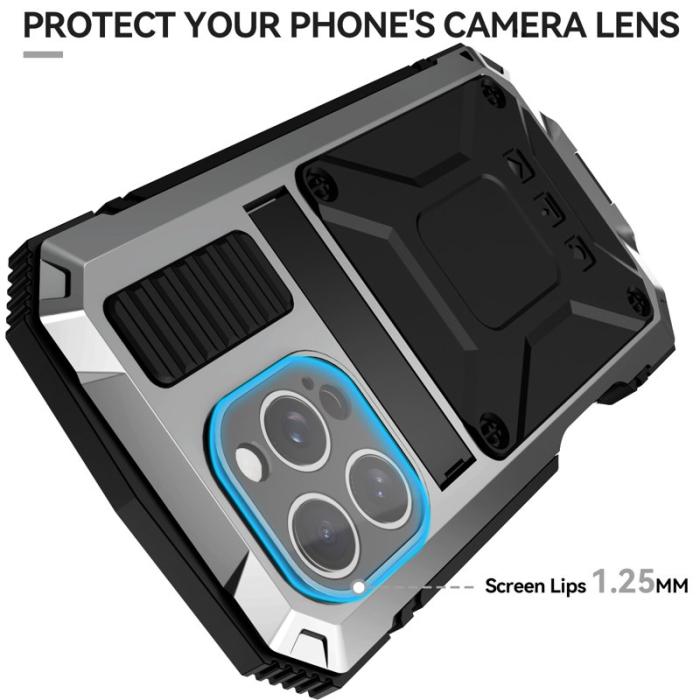 R-JUST - R-JUST iPhone 16 Pro Skal PC+Silicone+Metal Ställ Silver