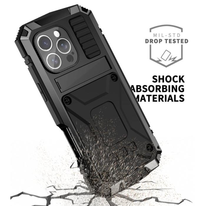 R-JUST - R-JUST iPhone 16 Pro Skal PC+Silicone+Metal Ställ - Svart