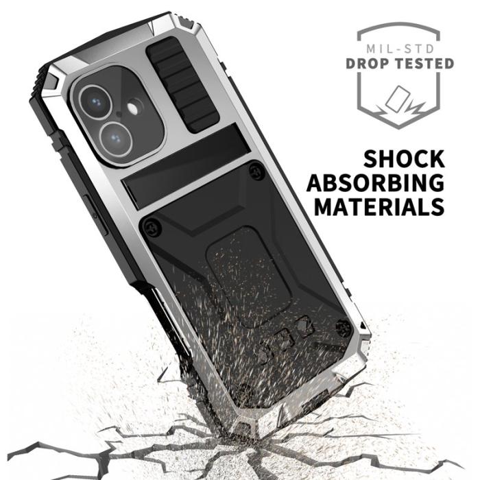 R-JUST - R-JUST iPhone 16 Skal PC+Silicone+Metal Ställ Silver