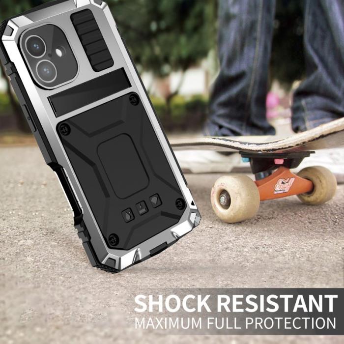 R-JUST - R-JUST iPhone 16 Skal PC+Silicone+Metal Ställ Silver