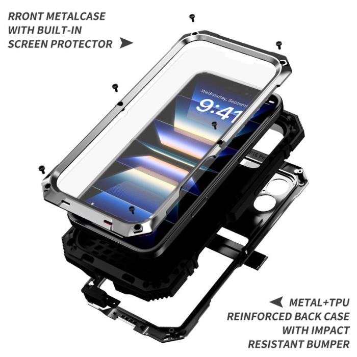 R-JUST - R-JUST iPhone 16 Skal PC+Silicone+Metal Ställ Silver