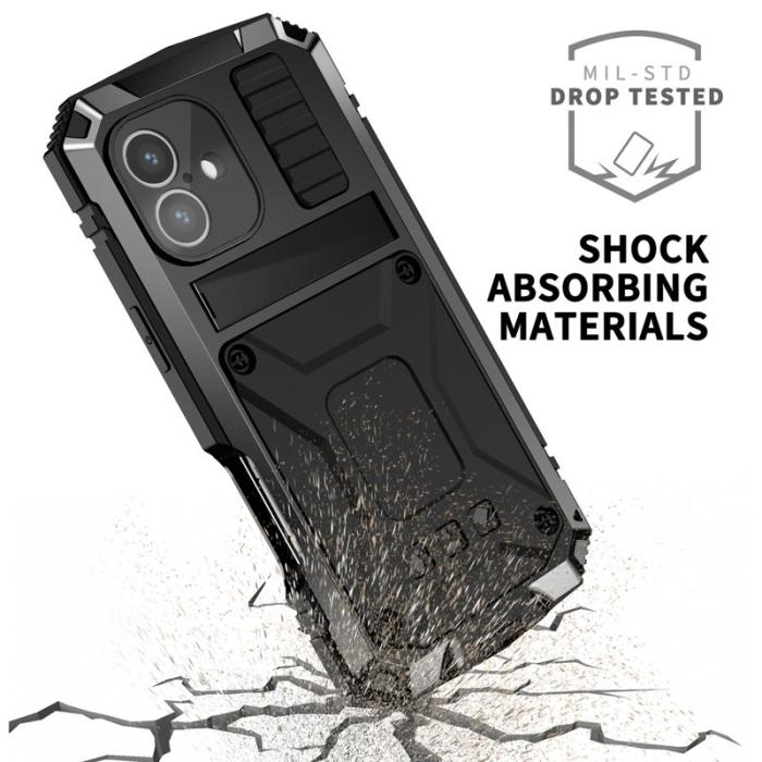 R-JUST - R-JUST iPhone 16 Skal PC+Silicone+Metal Ställ Svart