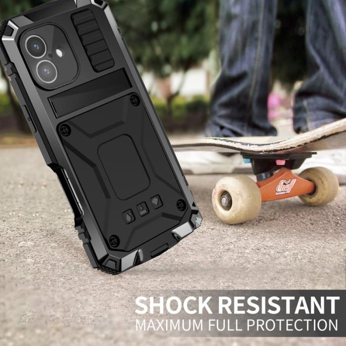 R-JUST - R-JUST iPhone 16 Skal PC+Silicone+Metal Ställ Svart