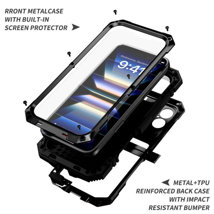 R-JUST - R-JUST iPhone 16 Skal PC+Silicone+Metal Ställ Svart