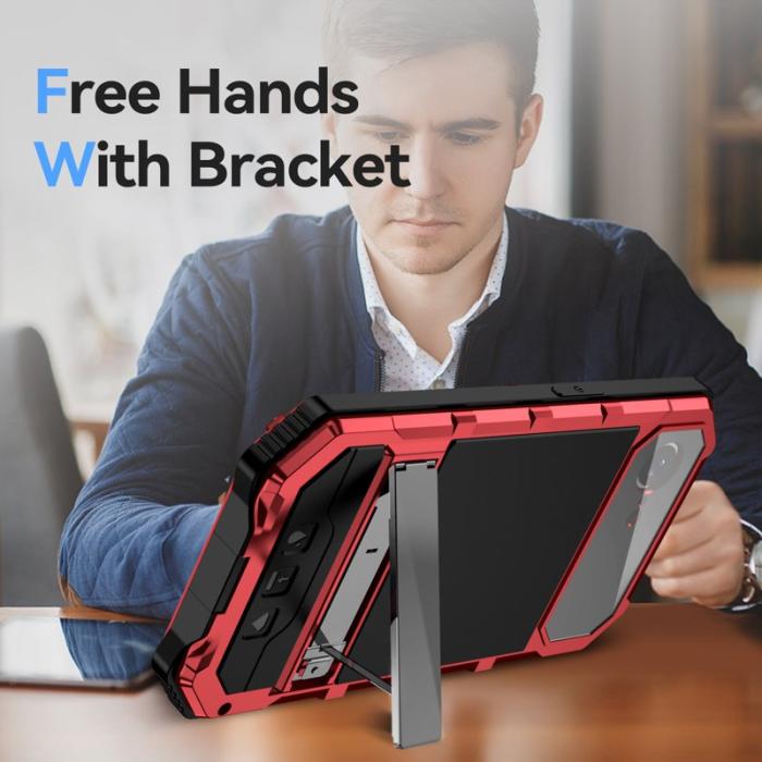 R-JUST - R-JUST iPhone 16e Skal PC + Silikon + Metall Ställ - Röd