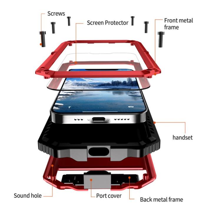 R-JUST - R-JUST iPhone 16e Skal PC + Silikon + Metall Ställ - Röd
