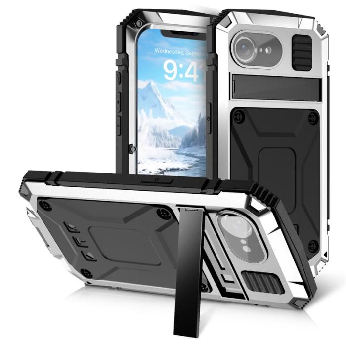 R-JUST - R-JUST iPhone 16e Skal PC + Silikon + Metall Ställ - Silver