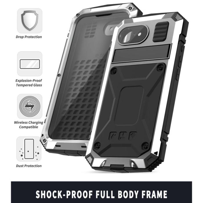 R-JUST - R-JUST iPhone 16e Skal PC + Silikon + Metall Ställ - Silver