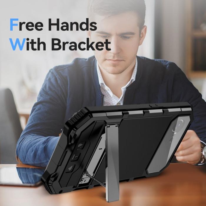 R-JUST - R-JUST iPhone 16e Skal PC + Silikon + Metall Ställ - Svart