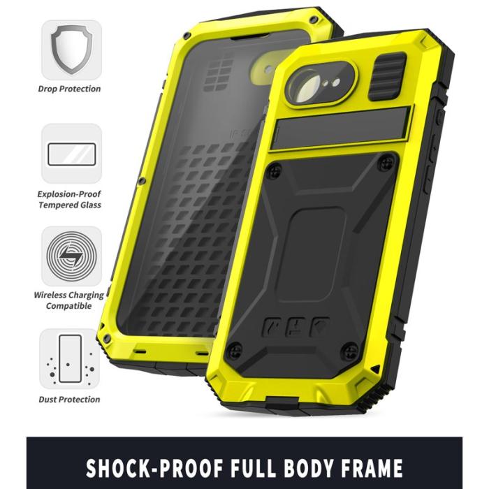 R-JUST - R-JUST iPhone 16e Skal PC + Silikon + Metallstativ - Gul