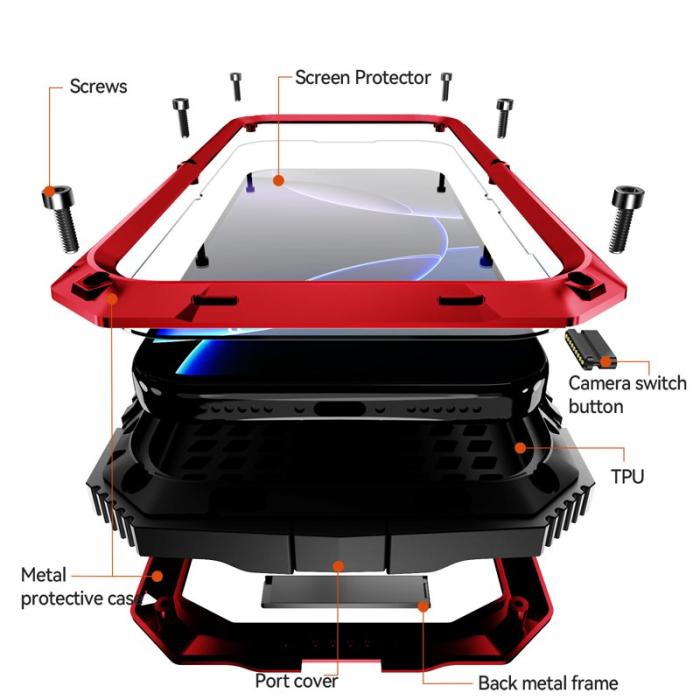 R-JUST - R-JUST iPhone 17 Pro Max Skal PC + Silikon + Metall Kickstand Röd