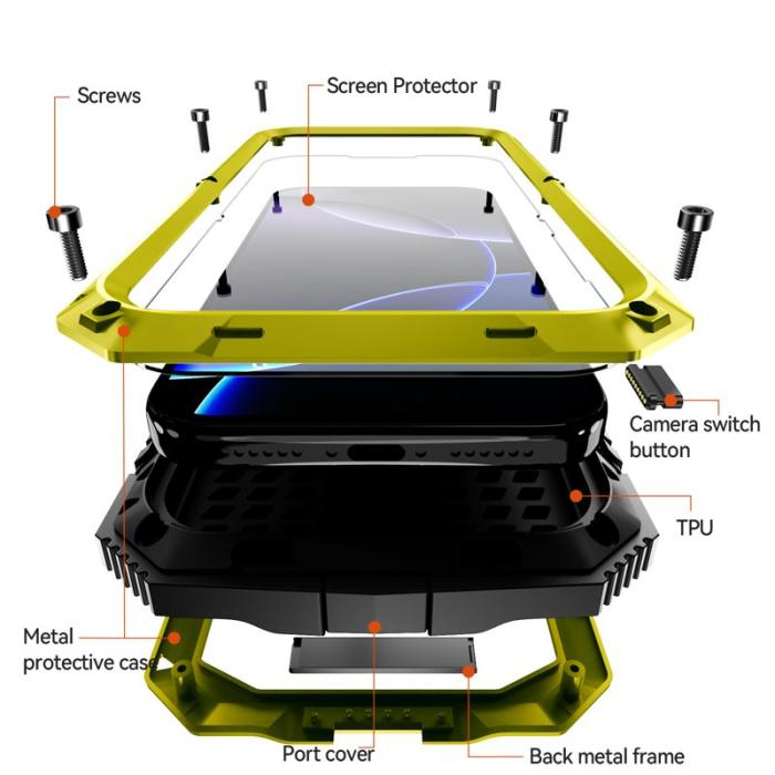 R-JUST - R-JUST iPhone 17 Pro Max Skal PC + Silikon + Metall Ställ - Gul