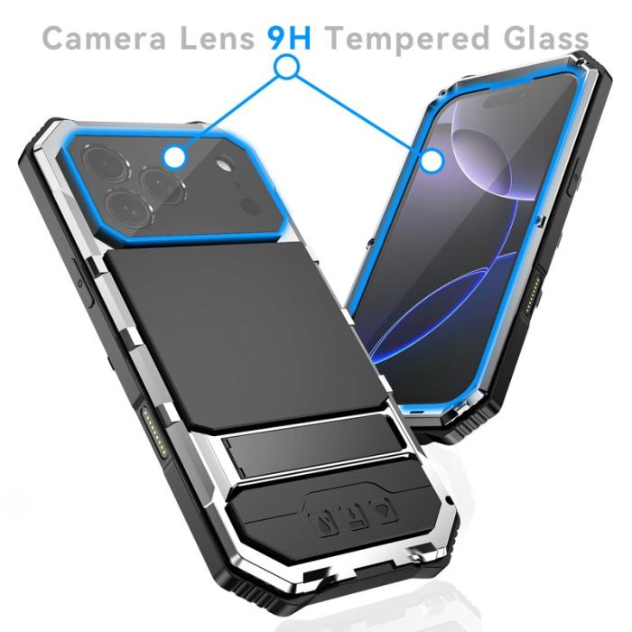 R-JUST - R-JUST iPhone 17 Pro Max Skal PC + Silikon + Metall Ställ - Silver