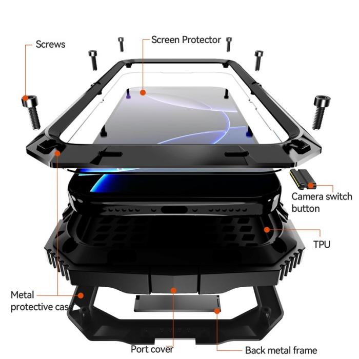 R-JUST - R-JUST iPhone 17 Pro Max Skal PC + Silikon + Metall Ställ - Svart
