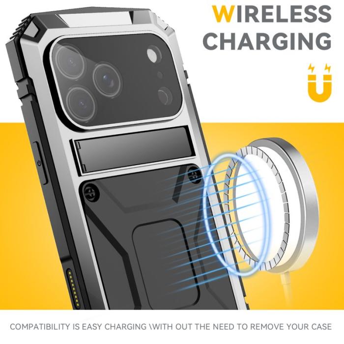 R-JUST - R-JUST iPhone 17 Pro Skal PC + Silikon + Metall Ställ - Silver