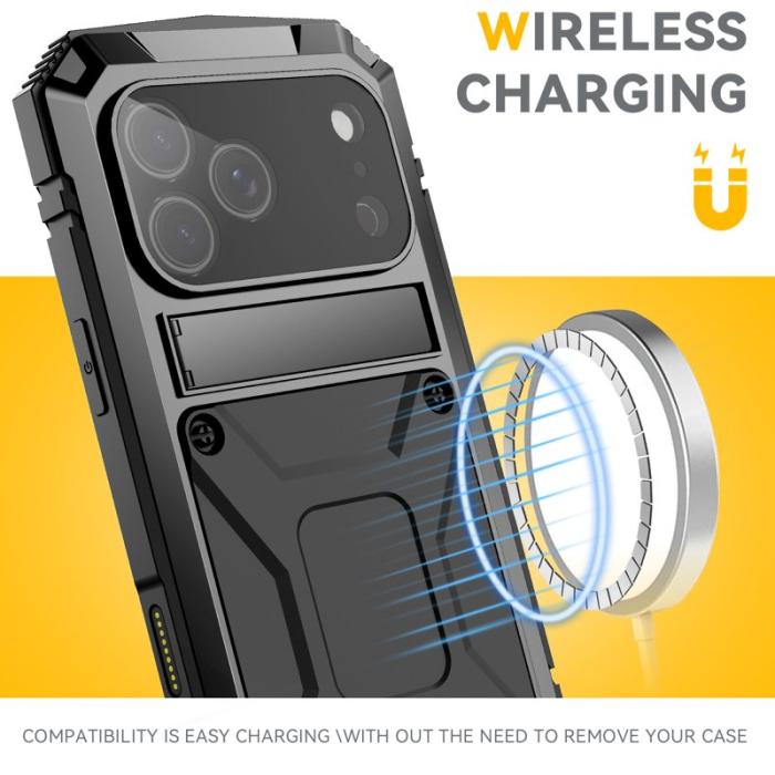 R-JUST - R-JUST iPhone 17 Pro Skal PC + Silikon + Metall Ställ - Svart