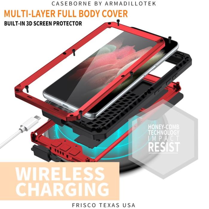 R-JUST - R-JUST Kickstand Metall Skal med Skärmskydd för Galaxy S21 Ultra 5G - Röd