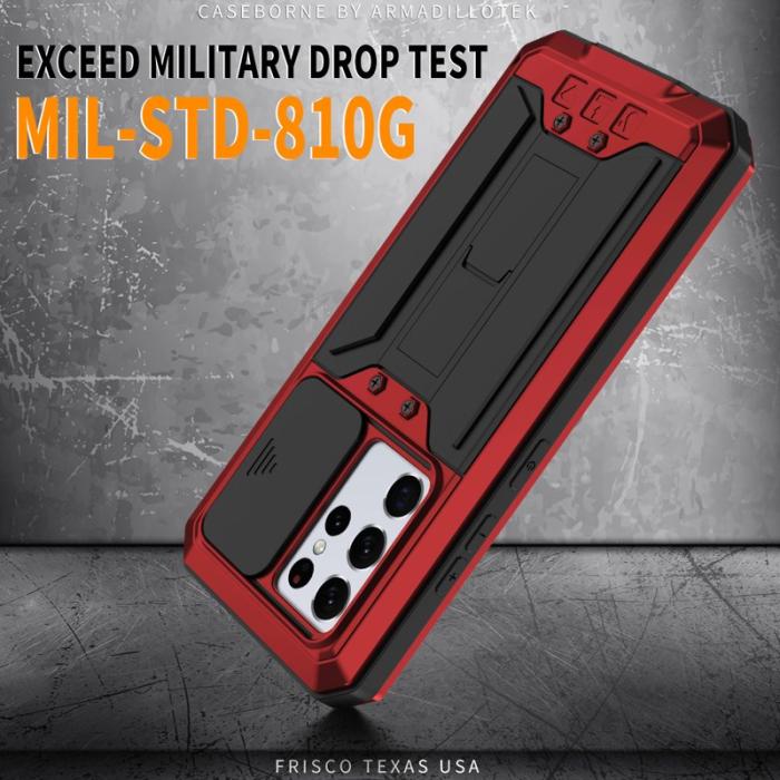 R-JUST - R-JUST Kickstand Metall Skal med Skärmskydd för Galaxy S21 Ultra 5G - Röd