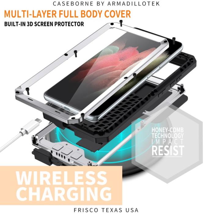 R-JUST - R-JUST Kickstand Metall Skal med Skärmskydd för Galaxy S21 Ultra 5G - Silver