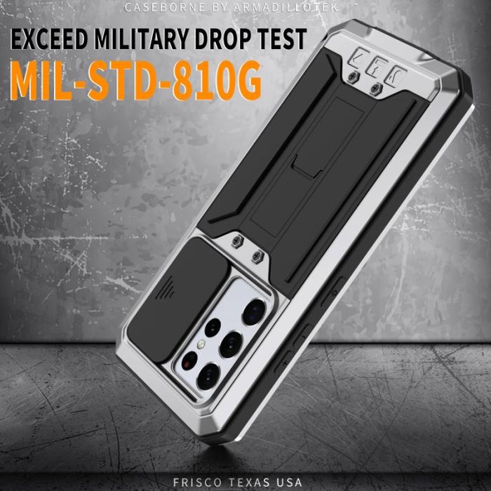 R-JUST - R-JUST Kickstand Metall Skal med Skärmskydd för Galaxy S21 Ultra 5G - Silver