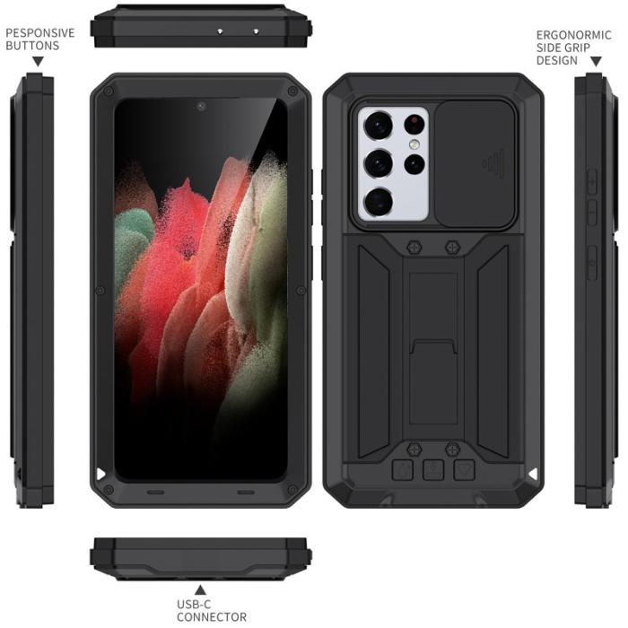 R-JUST - R-JUST Kickstand Skal för Galaxy S21 Ultra 5G Metall Svart