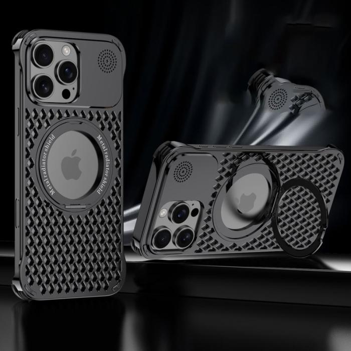 R-JUST - R-JUST RJ64 iPhone 16 Pro Skal Aluminium Svart Med Ställning