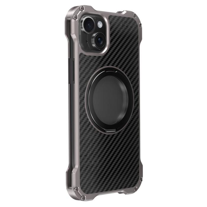 R-JUST - R-JUST RJ-51 iPhone 15 Skal Aluminium Legering Rotbart Ställ Svart