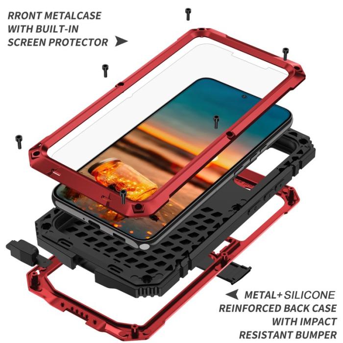 R-JUST - R-JUST Galaxy S22 5G Skal Vattentät Röd Tempererat Glas