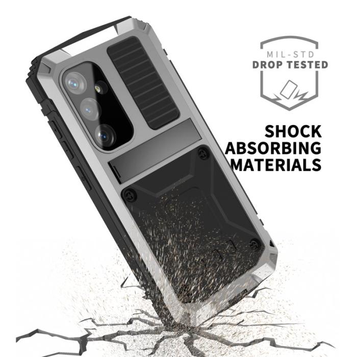 R-JUST - R-JUST Galaxy S24+ Skal Kickstand Fodral Härdat Glas Silver