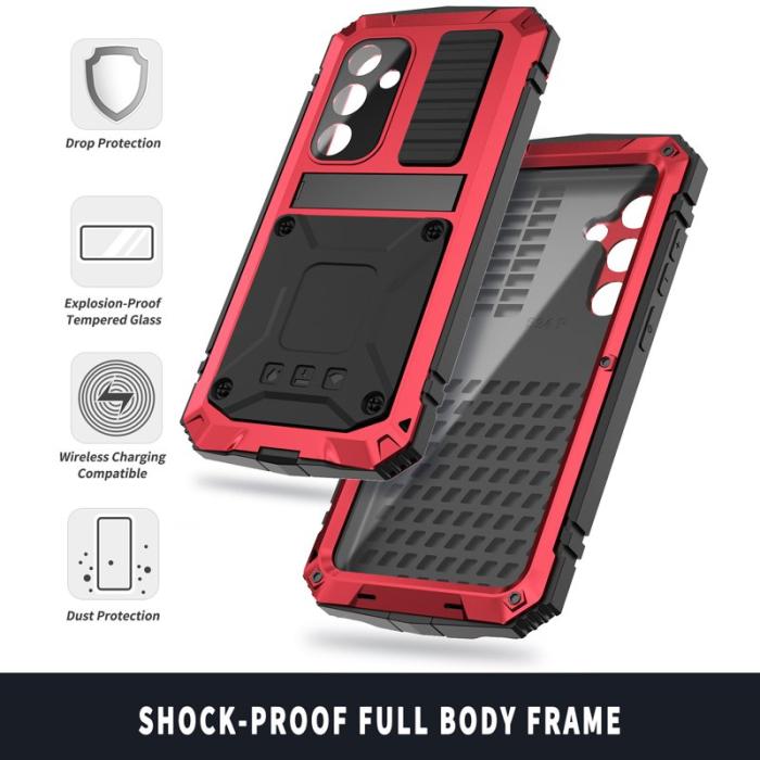 R-JUST - R-JUST Galaxy S25 Skal PC + Silikon + Metall Ställ - Röd