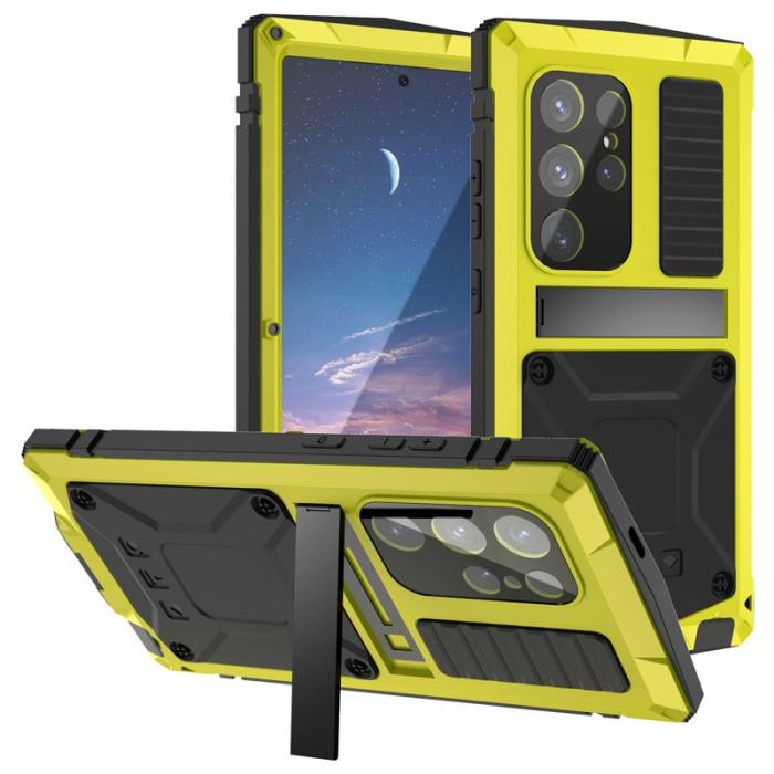 R-JUST - R-JUST Galaxy S25 Ultra Skal PC + Silikon + Metall Kickstand Gul